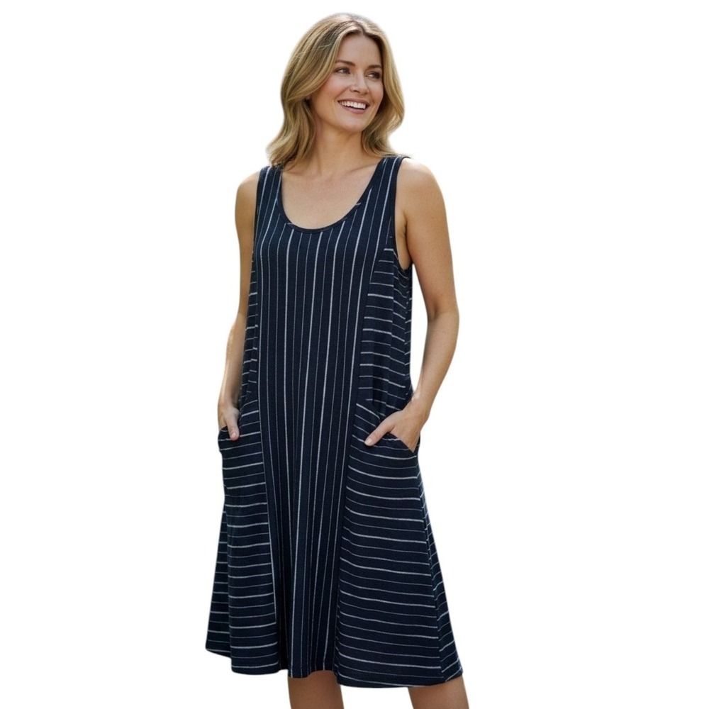 Habitat Blue Stripe Midi Dress Cotton Sleeveless Nautical Pockets Peru Preppy XL